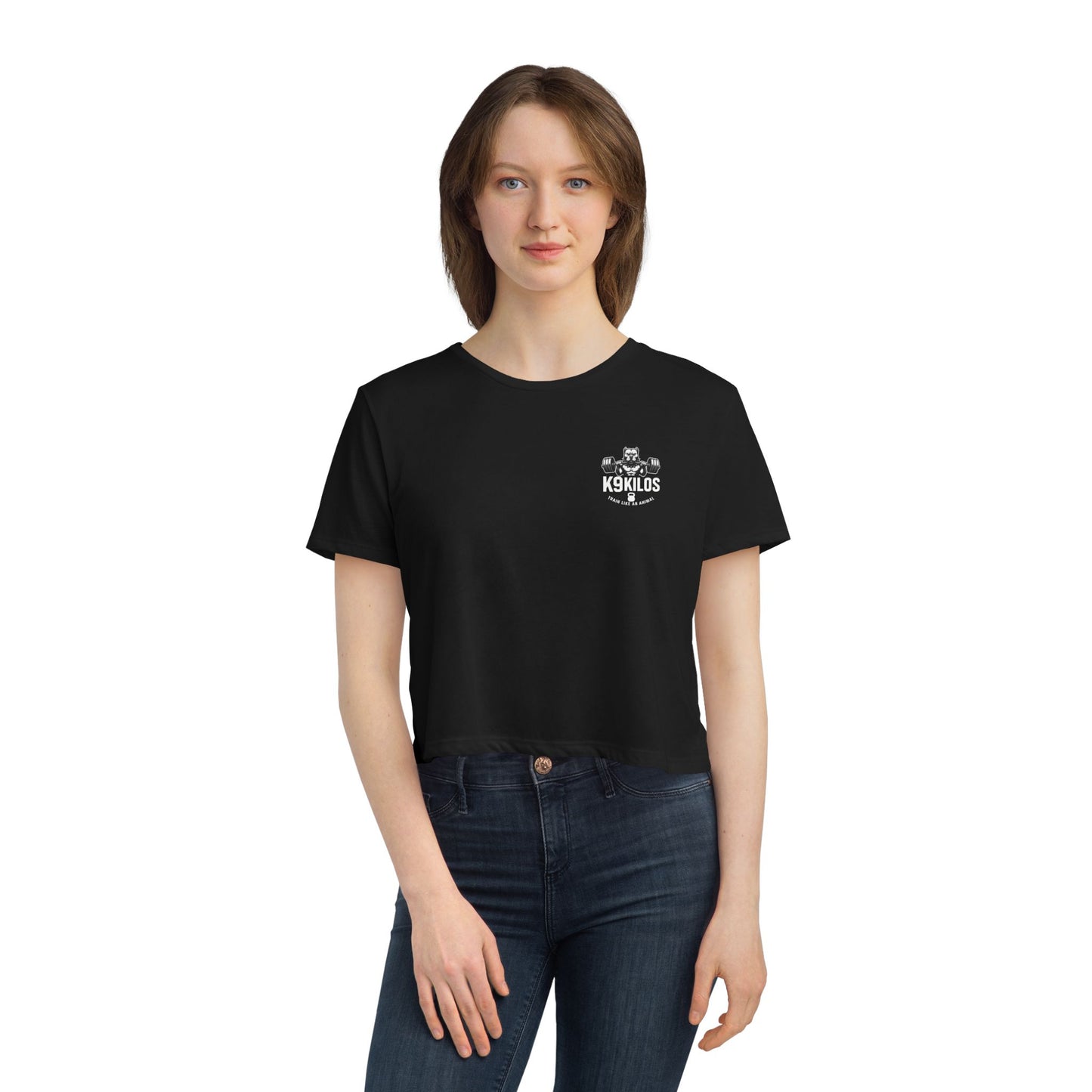 Women's Flowy Cropped Tee - Train Like an Animal, Cute Workout Top, Gift for Fitness Lovers, Dog Mom Tee, Casual Summer Shirt