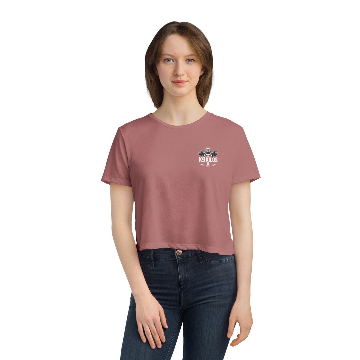 Women's Flowy Cropped Tee - Train Like an Animal, Cute Workout Top, Gift for Fitness Lovers, Dog Mom Tee, Casual Summer Shirt