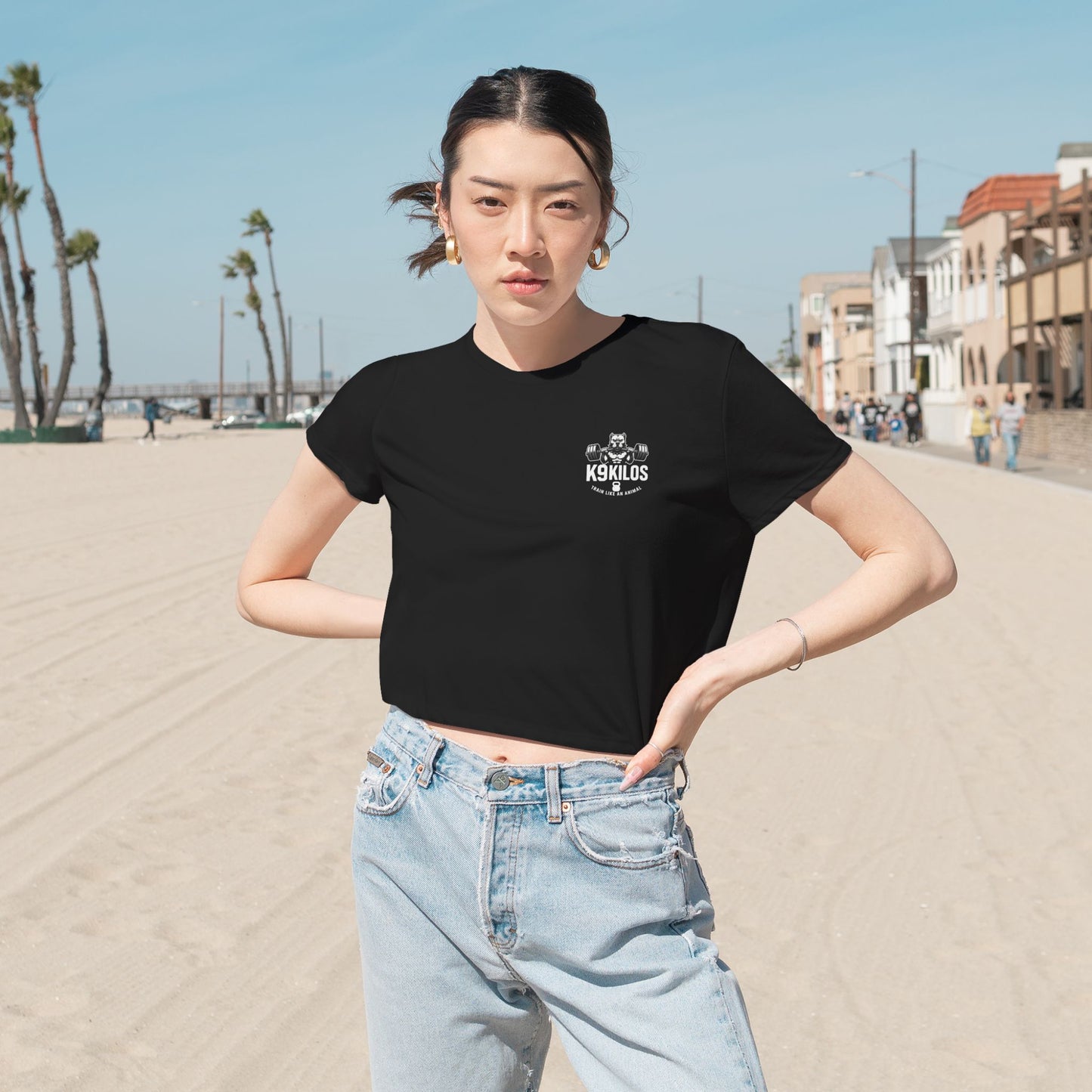 Women's Flowy Cropped Tee - Train Like an Animal, Cute Workout Top, Gift for Fitness Lovers, Dog Mom Tee, Casual Summer Shirt