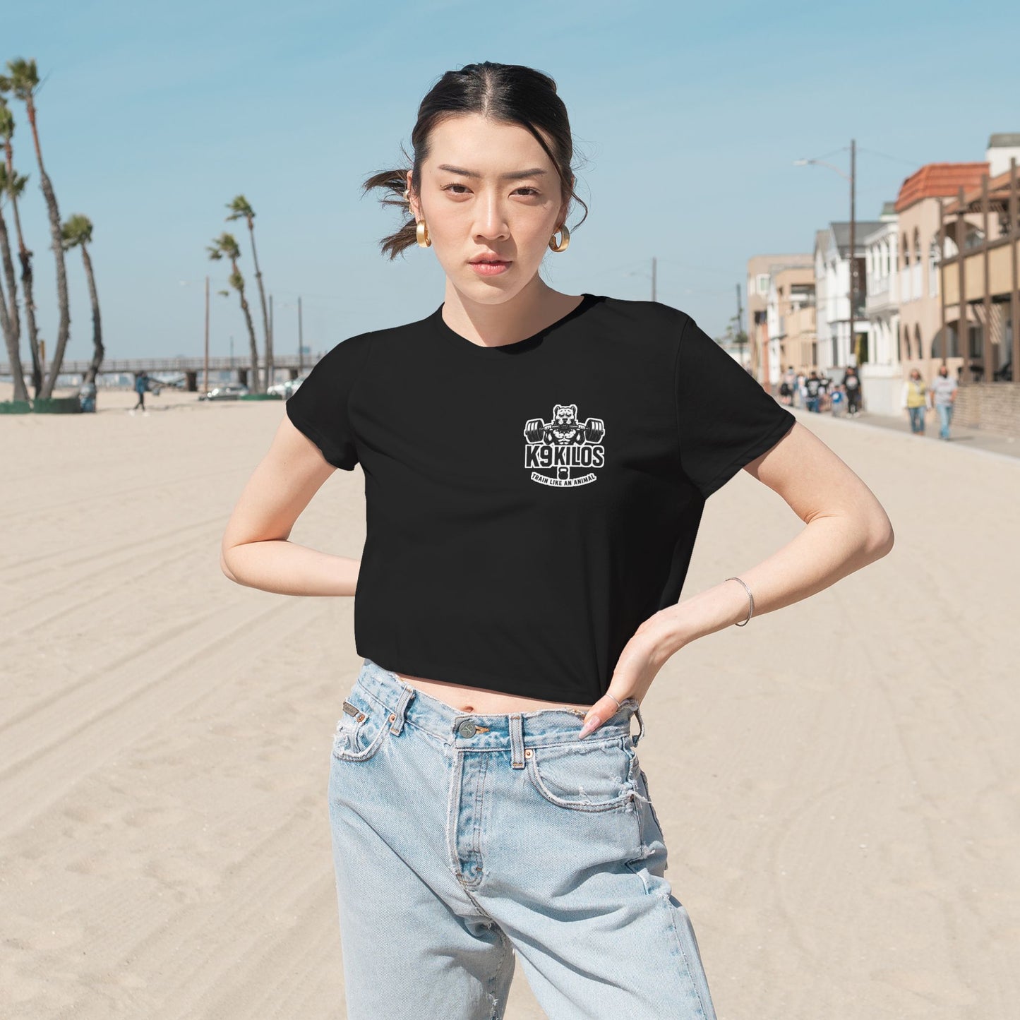 Women's Flowy Cropped Tee - Train Like an Animal, Cute Workout Top, Gift for Fitness Lovers, Dog Mom Tee, Casual Summer Shirt