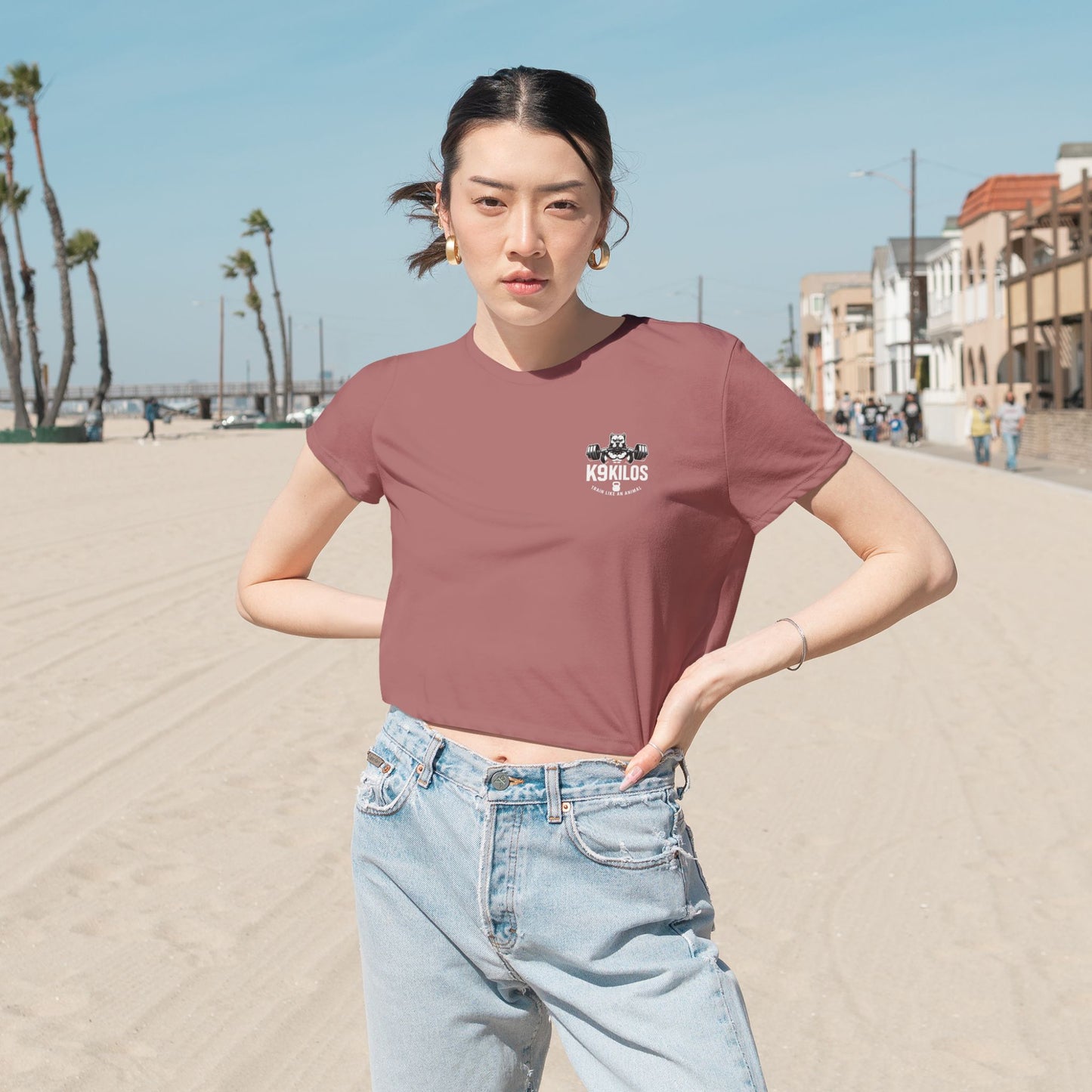 Women's Flowy Cropped Tee - Train Like an Animal, Cute Workout Top, Gift for Fitness Lovers, Dog Mom Tee, Casual Summer Shirt