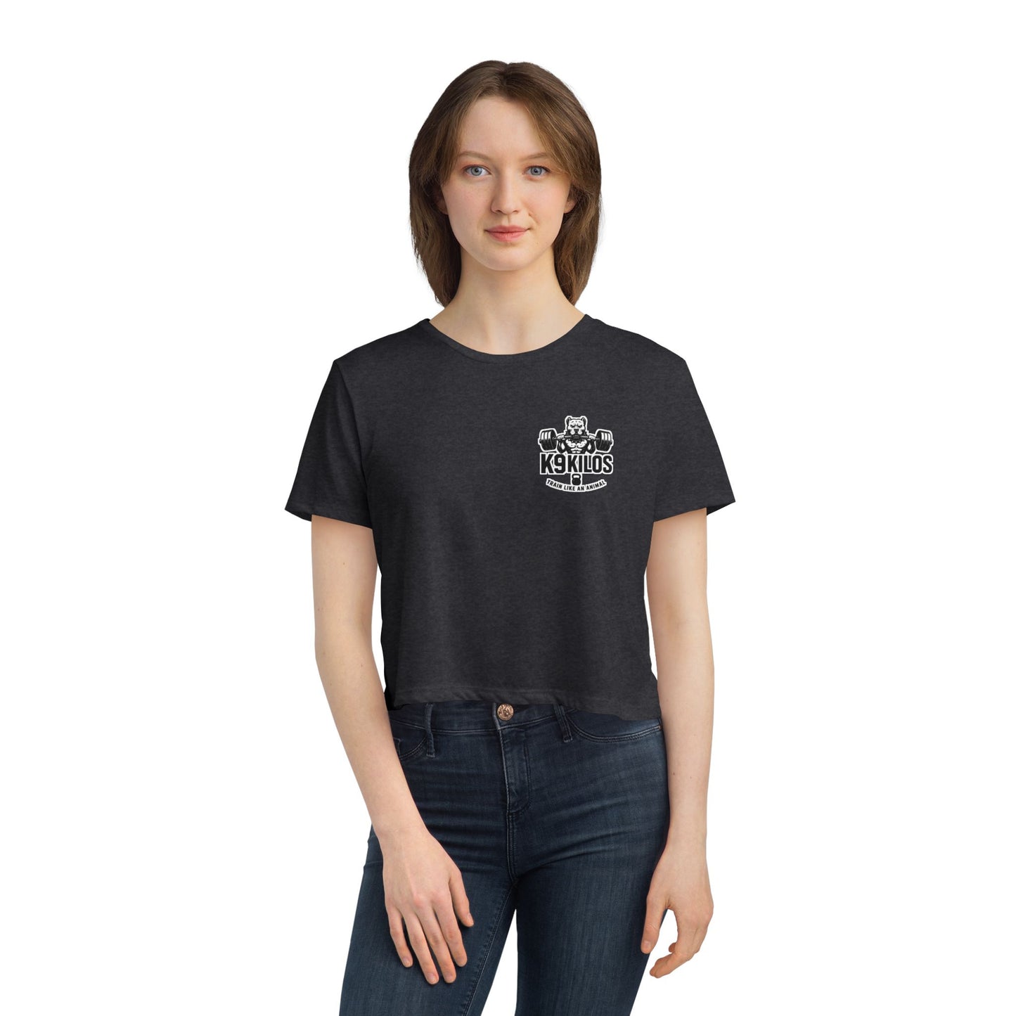 Women's Flowy Cropped Tee - Train Like an Animal, Cute Workout Top, Gift for Fitness Lovers, Dog Mom Tee, Casual Summer Shirt
