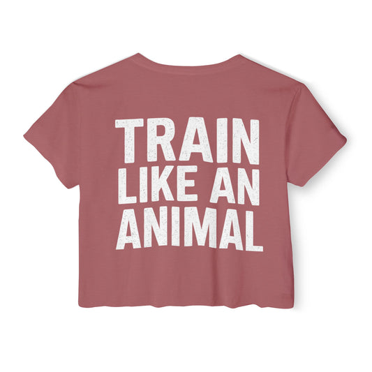 Women's Flowy Cropped Tee - Train Like an Animal, Cute Workout Top, Gift for Fitness Lovers, Dog Mom Tee, Casual Summer Shirt